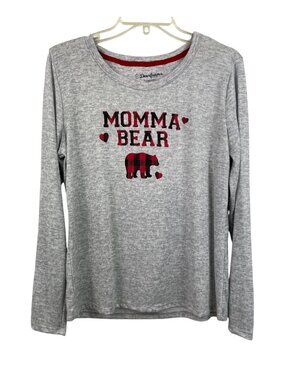 Dearfoams Momma Bear Long Sleeve Gray Top With Buffalo Plaid Accents Size M